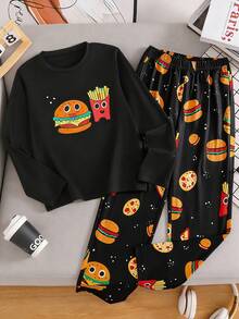 Set de 2 piezas Pijama de niño pequeño con estampado de hamburguesa feliz y papas fritas, con parte superior de cuello redondo de manga larga y pantalones casuales estampados, hecho de tela suave, adecuado para uso diario en primavera, otoño e invierno, también es un regalo infantil pensativo. - Negro - Ver 2
