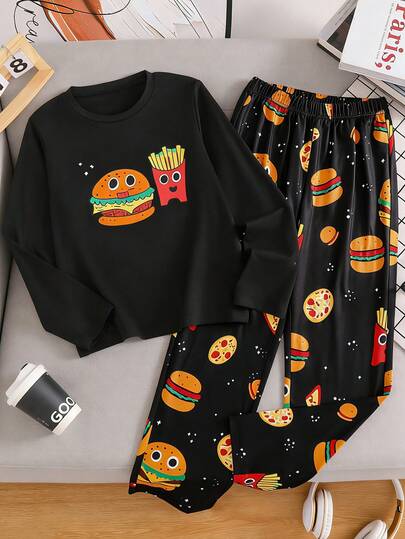 2pcs/Set Toddler Boys' Happy Burger & Fries Print Crew Neck Long Sleeve Top Paired With Print Casual Pants Pajamas, Made Of Soft Fabric, Suitable For Spring, Autumn, Winter Daily Wear, Also A Thoughtful Children's Gift.