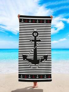 1条时尚简约黑色条纹沙滩巾，印有锚和海洋图案，速干吸水，适合旅行、露营、游泳池、瑜伽、健身、淋浴，必备沙滩度假用品（单面花卉印花，多种颜色可选） - 黑色條紋 - 查看 4