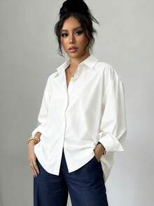 Women's Long-Sleeved Shirt, Plain And Casual, Comfortable, With Buttons And Collar, Ideal For Everyday Wear And Various Occasions. - 白色 - 查看 1