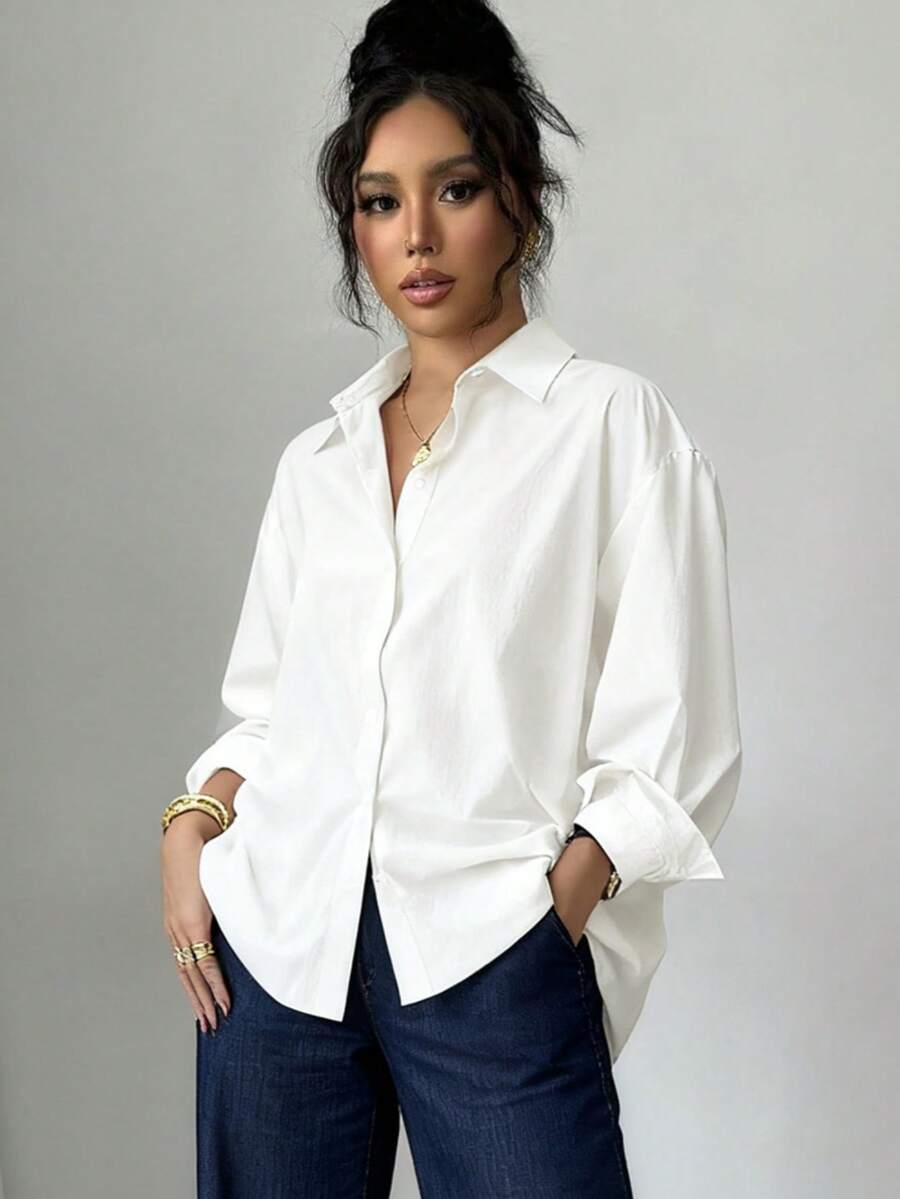 Women's Long-Sleeved Shirt, Plain And Casual, Comfortable, With Buttons And Collar, Ideal For Everyday Wear And Various Occasions. - 白色 - 查看 1