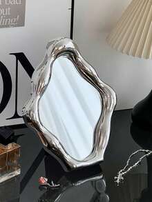 1pc Silver Plated Desktop Makeup Mirror, Bedroom Vanity Mirror, Portable Student Mirror, High Definition Rotating Makeup Mirror, Single Pack - Silver - View 1