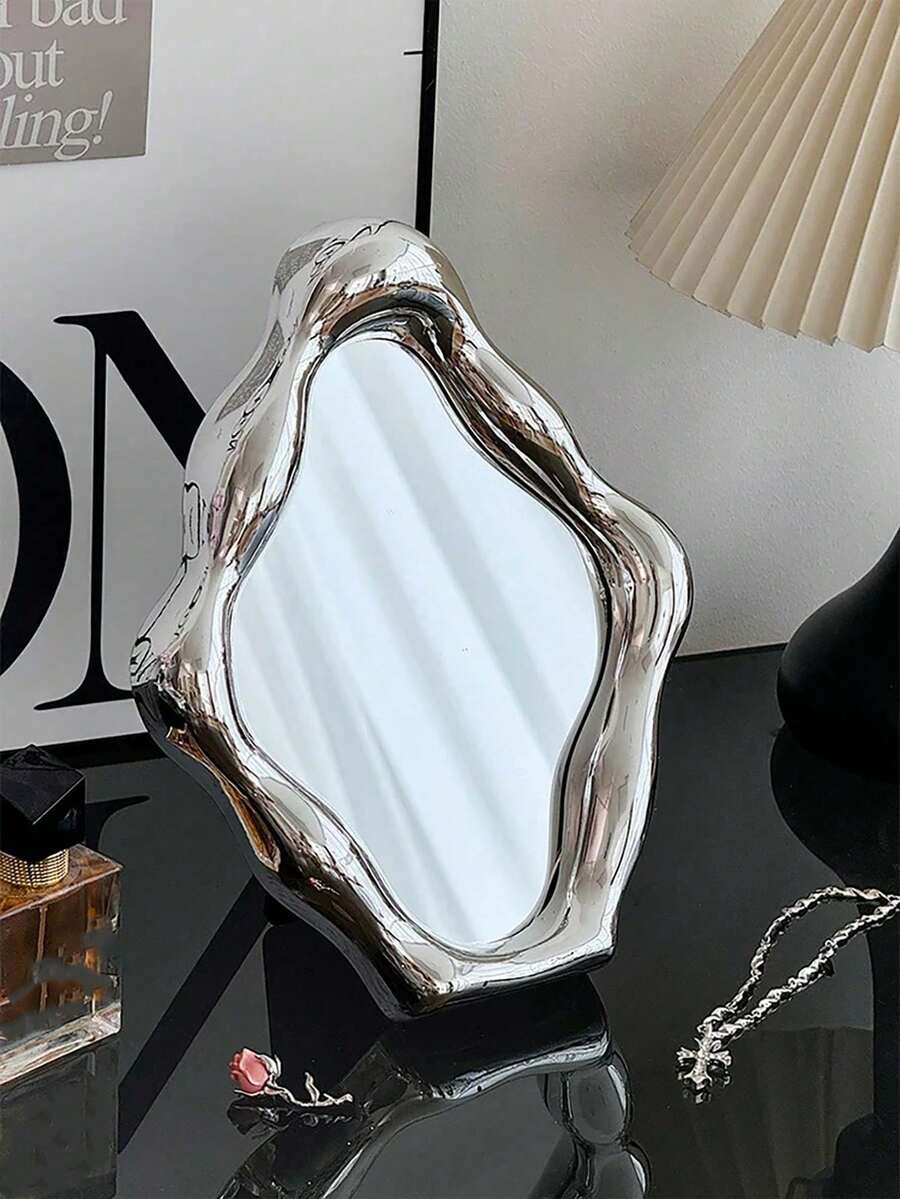 1pc Silver Plated Desktop Makeup Mirror, Bedroom Vanity Mirror, Portable Student Mirror, High Definition Rotating Makeup Mirror, Single Pack - Silver - View 1