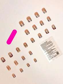 24pcs French Short Square Press On Nails Set With 3D Embossed Leopard Print Floral Rhinestone Decorations Includes 1pc Jelly Gel And 1pc Nail File Reusable Artificial Nail Tips For Women Girls Party Date Daily Wear Sweet Cool Stylish - 彩色 - 查看 4