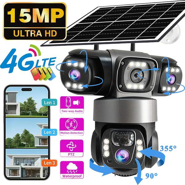 SWVW Cámara IP solar 4G CCTV 15MP con triple lente, triple pantalla PTZ, seguimiento automático 6K, cámara de vigilancia Curious Security Surveillance V380 Pro, Cámaras de 4G para interior y exterior, cámaras inalámbricas 4G, cámaras IP, cámaras PTZ, cámaras CCTV, cámaras de vigilancia IP PTZ inteligentes para interior y exterior, seguimiento automático, alarma y visión nocturna en color,  Rotación horizontal de 355 grados y vertical de 90 grados, sistema de cámaras PTZ de videovigilancia para la del hogar, compatible con voz bidireccional, conexión a aplicaciones de teléfonos móviles, detección de movimiento, cámara doméstica HD resistente al agua IP66, cámara de vigilancia 4G con batería recargable, cámara para jardín, seguimiento humano con IA, con detección PIR, notificación de alarma, luces de alarma y sirena, detección de movimiento, alerta por correo electrónico, reproducción de vídeo, visualización remota, notificaciones push.