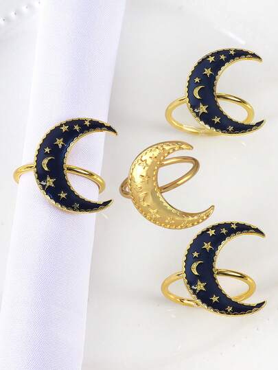 6pcs Navy Blue Star & Moon Napkin Rings, Suitable For Holiday Party Table Decor Napkin Holders