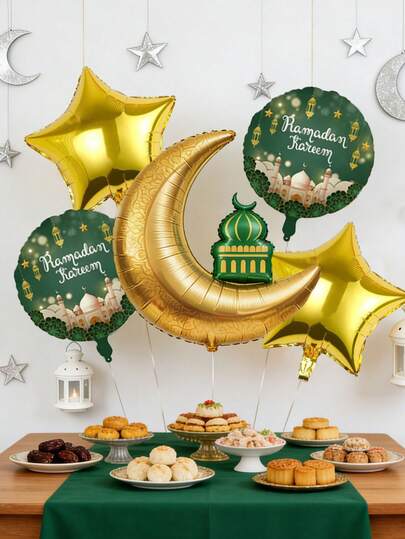 1 Set Ramadan & Eid Al-Fitr Star & Moon Balloon Set - Mosque Pattern Foil Balloons; Eid Al-Fitr Family Gathering Tabletop Decor, Mosque Scene Props, Eid Al-Fitr Party Backdrop Wall Balloon Decor, Eid Al-Fitr Souvenir Gift, Eid Al-Fitr Photo Prop, Eid Al-Fitr Ceiling Atmosphere Decor, Suitable For Islamic Holiday Decoration, Eid Al-Fitr Family Gathering/Party Setup, Event Commemorative Photo Background Hanging Decor