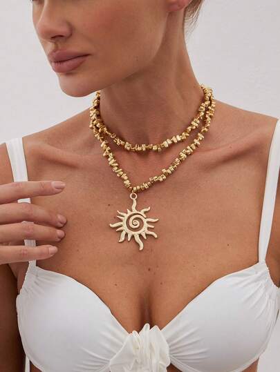 2件套几何方形CCB串珠火焰漩涡吊坠项链，优雅奢华珠宝，适合婚礼、派对、海滩、休闲、街头风格，女士及情侣款，节日及生日礼物