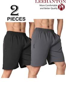 Two-Pack Of Men's Elastic Athletic Shorts With An Elastic Waistband And Zippered Pockets. Suitable For Sports, Fitness, Hiking, Outdoor Activities, Basketball, Soccer, Golf, Etc. A Great Gift For Men, Especially For Valentine's Day. - 黑色+深灰 - 查看 1