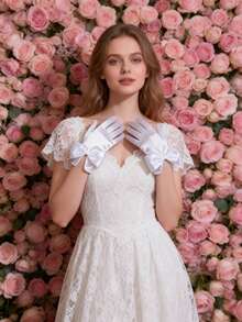 1 Pair White Satin Bow Formal Gloves, Suitable For Wedding, Banquet, And Various Outfits - White - View 2