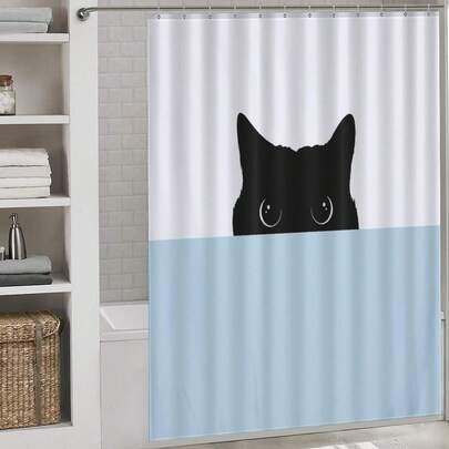 1件可爱猫咪印花浴帘，适用于浴室浴缸隔断、浴室淋浴帘装饰、浴室配件