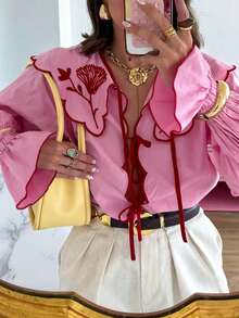 Urban Chic Sweet Tie-Up Peter Pan Collar Ruffle Flare Sleeve Blouse, Suitable For Singles' Party, Back To School Season, Holiday Outfits, Party Dresses, Halloween, Eid, Autumn Women's Wear - Pink - View 1