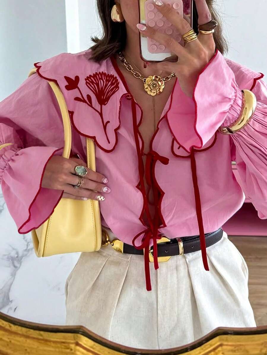 Urban Chic Sweet Tie-Up Peter Pan Collar Ruffle Flare Sleeve Blouse, Suitable For Singles' Party, Back To School Season, Holiday Outfits, Party Dresses, Halloween, Eid, Autumn Women's Wear - Pink - View 1