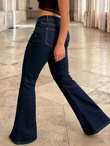 Women's Mid-Rise Flared Jeans, Sexy Ripped Elastic Raw Hem Denim Flared Pants, Casual Wear Fashion Trousers - TC08342深藍 - 查看 4