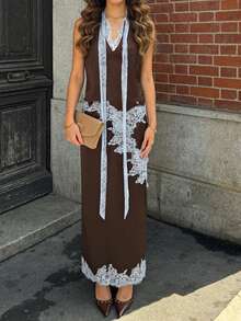 Women's Summer 2 Piece Satin Outfit Stylish Lace Patchwork Sleeveless Deep V Neck Satin Tops And Long Skirt Set - 咖啡棕 - 查看 6