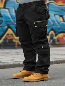 Men's Plus Size Cargo Pants, Pure Cotton Solid Color Washed Utility Work Trousers With Multiple Pockets, Durable Design – Outdoor Hiking, Daily Commute,Casual Campus Looks,Big And Tall - 黑色 - 查看 1