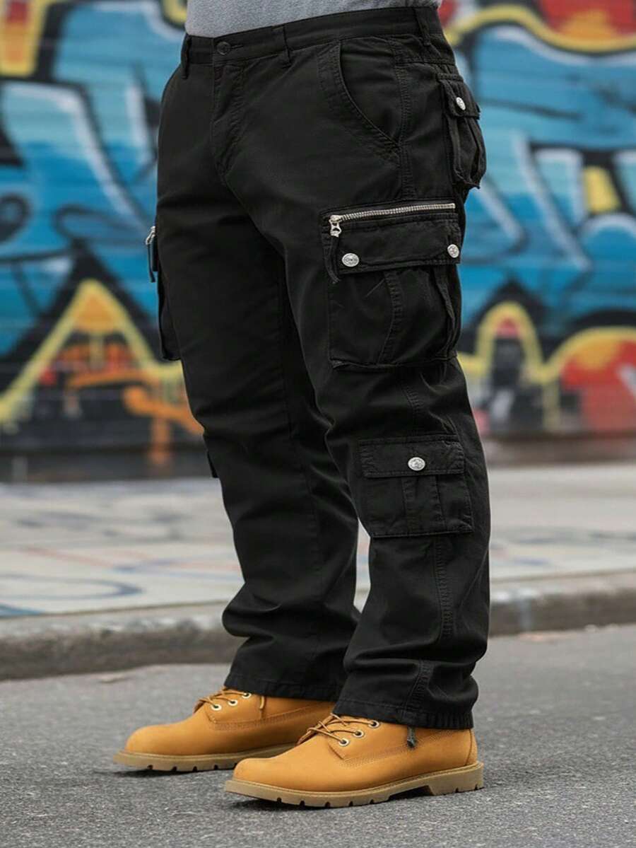 Men's Plus Size Cargo Pants, Pure Cotton Solid Color Washed Utility Work Trousers With Multiple Pockets, Durable Design – Outdoor Hiking, Daily Commute,Casual Campus Looks,Big And Tall - 黑色 - 查看 1