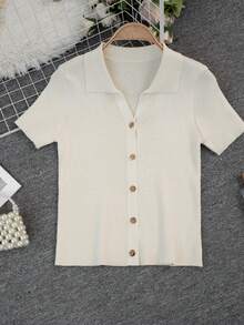 Camiseta de punto con cuello polo y mangas raglán cortas para mujer, ligera y versátil, ideal para primavera/verano - Albaricoque - Ver 7