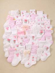 24/12/6 Pairs Pink & White Baby Socks With Bow & Lace, 0-36 Months Princess Style Socks For Baby Girls, Hollow Design Matching Mary Jane Shoes, Super Soft Elastic Breathable Daily Socks, Suitable For Spring & Summer, Baby Socks, Girls Socks, Princess Socks, Lace Socks, Ankle Socks, Back To School Gift, Party Outfit For Girls