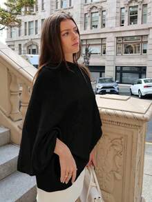 Women's Plain Loose Elegant Fashion Sweater Shawl, All-Season Moderate Fabric Knit Wrap, Stylish Versatile Accessory For Ladies - Black - View 6