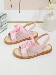 1 Pair Girls' Summer Flat Sandals, Pink Fabric Upper With Lace, Hook And Loop Strap At Heel, Round Toe, Fashion New Style Suitable For Daily Wear - Pink - View 2