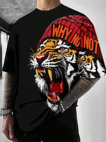 男士时尚虎纹落肩短袖 T 恤 - 彩色 - 查看 1