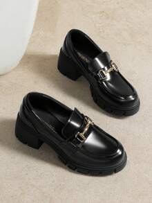 Women Chunky Loafers Round Toe Casual Horse-Bit Mid-Heel Slip-On Loafers, Vintage Elegant British Style, Comfortable Platform Chunky Versatile Pumps Shoes - 黑色 - 查看 1