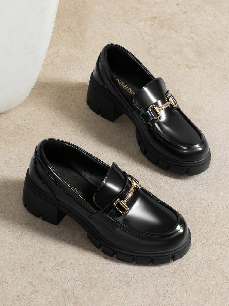 Women Chunky Loafers Round Toe Casual Horse-Bit Mid-Heel Slip-On Loafers, Vintage Elegant British Style, Comfortable Platform Chunky Versatile Pumps Shoes - 黑色 - 查看 1