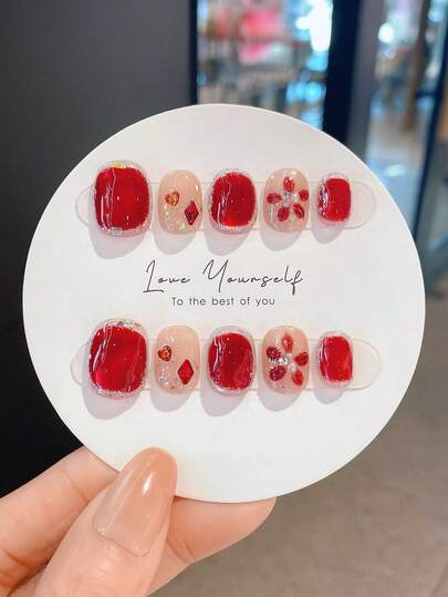 10片手工制作美甲贴片，情人节礼物，秋冬美甲，圆形美甲，秋季美甲，按压式美甲，短款按压式美甲，假指甲，短款美甲，亚克力按压式美甲，手工按压式美甲，可拆卸可重复使用美甲用品