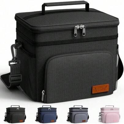 Medium Black Insulated Leak-Proof Cooler Lunch Box Bag With 4 Pockets & Adjustable Strap, Perfect For Work Picnic Travel Food Storage - 10.2"*6.9"*8.5"