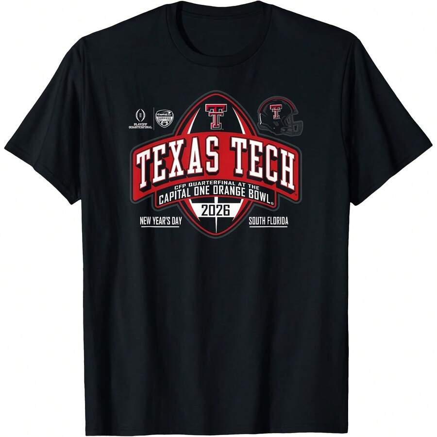Texas Tech Red Orange Bowl 2025-26 CFP Quarter Black T-Shirt All Seasons,220g Pure Cotton Single-Sided Printed Crew Neck Short-Sleeved T-Shirt,Unisex Top,Base Layer - 顏色9 - 查看 1