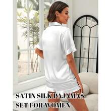 Silk Pajamas, Short Sleeve Button-Down Satin Pajama Set, Ruffle Design - Beige - View 4