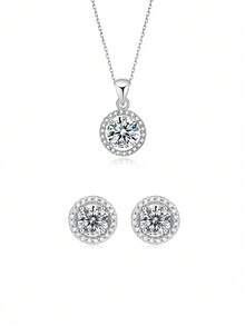3pcs Elegant And Luxurious 925 Silver Moissanite 50 Points Single Earring & 50 Points Necklace Set Suitable For Women's Daily Wear, Party, Commute, And Jewelry Gift Wedding Engagement Bridal Jewelry Rhinestone Rhinestone Jewelry Sets - Silver - View 2