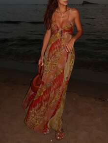 女士长袖吊带中长连衣裙，优雅波西米亚复古风，系带前襟，梭织面料 - 彩色 - 查看 4