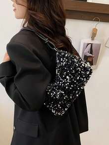 Women Silver Sequin Shoulder Bags Zipper Closure Underarm Handbag Solid Color Tote Handbag For Wedding Prom Parties Travel - A - View 3