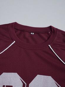Men's Fashion Sports Mesh Patchwork Burgundy Short Sleeve 0 Digit Minimalist Print Split T-Shirt, Suitable For Spring/Summer Casual Daily Wear, Street Boyfriend Gift - Burgundy - View 3