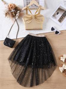 2pcs/Set Girls Summer Camisole Top And Star Mesh Skirt Set - Black - View 3