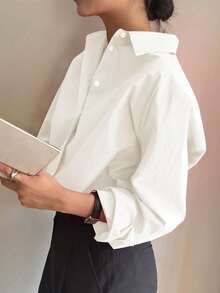 Women's Long-Sleeved Shirt, Plain And Casual, Comfortable, With Buttons And Collar, Ideal For Everyday Wear And Various Occasions. - 白色 - 查看 7