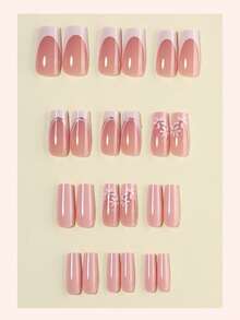 French Flower Acrylic Nails 24Pcs Medium Square Press On Nail Tips, DIY Art Pink Fake Nail Set For Nail Salons Girls And Women Nail Supplies For Daily Wear, Holiday Parties, And Gifts - Multicolor - View 2