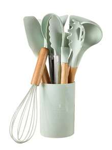 Meoky 12pcs Wooden Handle Silicone Kitchen Utensil Set, Heat Resistant Non-Stick Cooking & Baking Tools, Suitable For Kitchen - Green - Regular - View 8