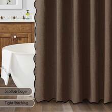 84\ Long Scalloped Shower Curtain Linen Textured With 12 Metal Hooks Cute Extra Long Heavy Duty Washable Waterproof Cloth Shower Curtains With Black Border For Bathroom Hotel Bathtub,Brown - 棕色 - 查看 6