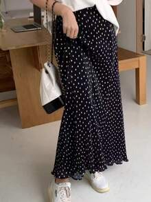 Chic Women's Black Polka Dot Pleated Skirt, Long Ruffle Hem Polyester Skirt For Casual Style Spring - Black and White - View 1