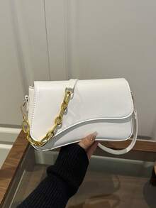 1pc Minimalist Solid Color Flap Shoulder Bag, Classic Textured Crossbody Bag, Women Handbag - White - View 8