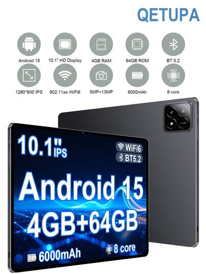 Qetupa Y1 平板电脑，Android 15 系统，10.1 英寸屏幕，T310 八核 2.0GHz 处理器，4GB 运行内存 + 64GB 机身存储（支持 1TB SD 卡扩展），1280*800 高清 IPS 触控屏，500 万像素前置摄像头 + 1300 万像素后置摄像头，6000mAh 电池，支持 802.11ax Wi-Fi 6、蓝牙 5.2、GPS 和 Type-C 充电接口。不支持 SIM 卡。