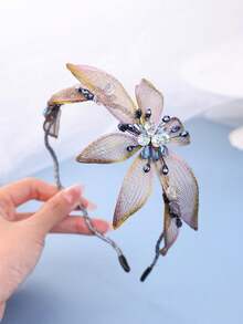 1pc Women's Handmade Blue Flower Crystal Headband, Ombre Color, Suitable For Daily Wear And Formal Occasions,Wedding Hair Accessories - 金色 - 查看 3