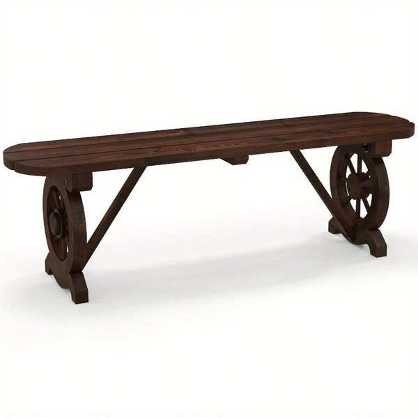 Multigot Patio Rustic Wood Bench W/ Wagon Wheel Base Slatted Seat Design 710 LBS Max Load