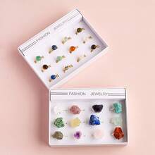 12pcs Natural Crystal Amethyst Raw Stone Ring Box Quartz Minerals Jewelry Quartz Women Fashion Ring Reiki Healing Jewelry Mother's Day Gift - 12-piece Ring Set - View 4