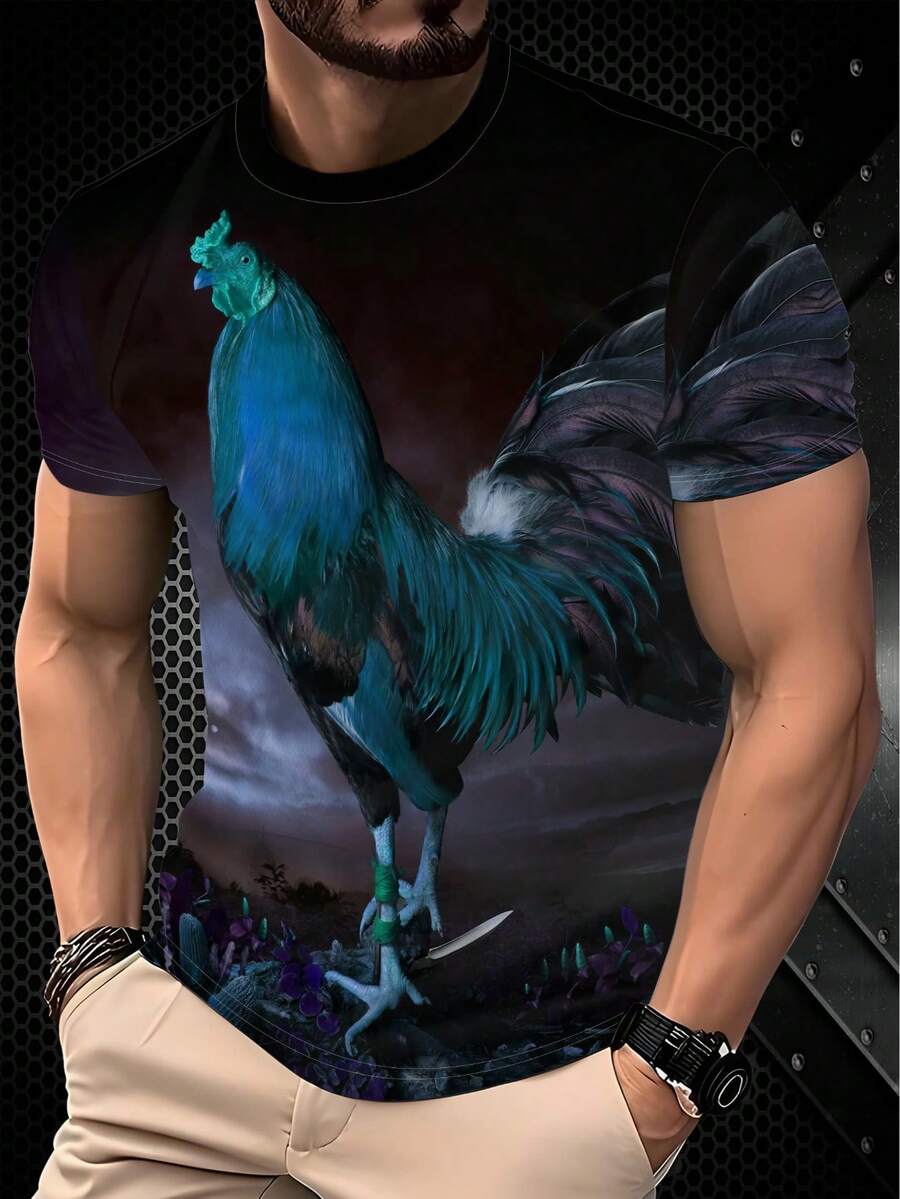 Men's 3D Rooster Print T-Shirt - Casual Short Sleeves, Round Neck, Top With Big Rooster Pattern - Multicolor - View 1