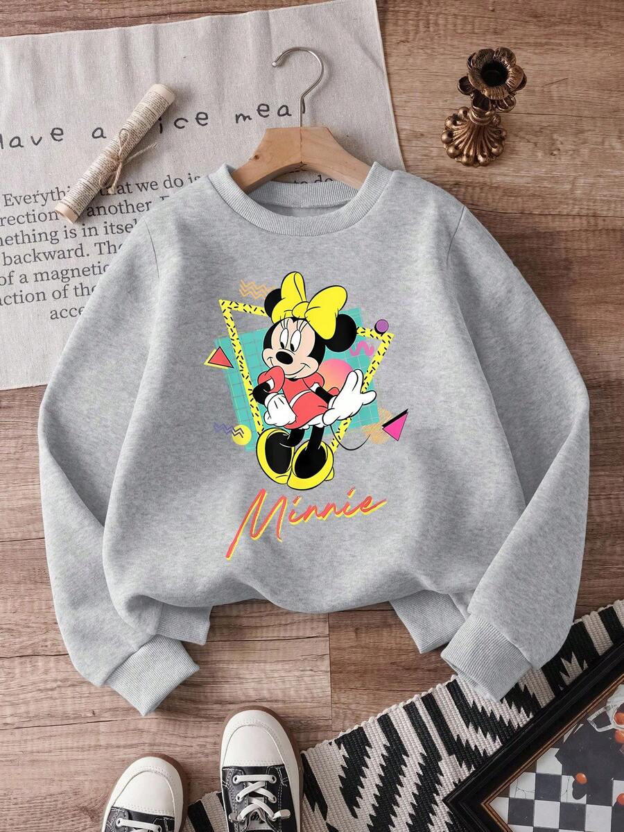 1pc Disney Retro 90's Minnie Mouse Vibrant Graphic Print Tween Girls Casual Sweatshirt - Soft & Versatile, Perfect For School Days And Weekend Outings - 灰色 - 查看 1