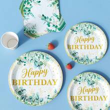 Eucalyptus Leaf Gold "Happy Birthday" Disposable Plate, Napkin, Cup Set, Plates, Napkins And Cups Party Supplies, Serves 8 Guests, Disposable Paper Plates Party Tableware Suitable For Birthday, Wedding, Theme Party, Family Picnic - Multicolor - View 4